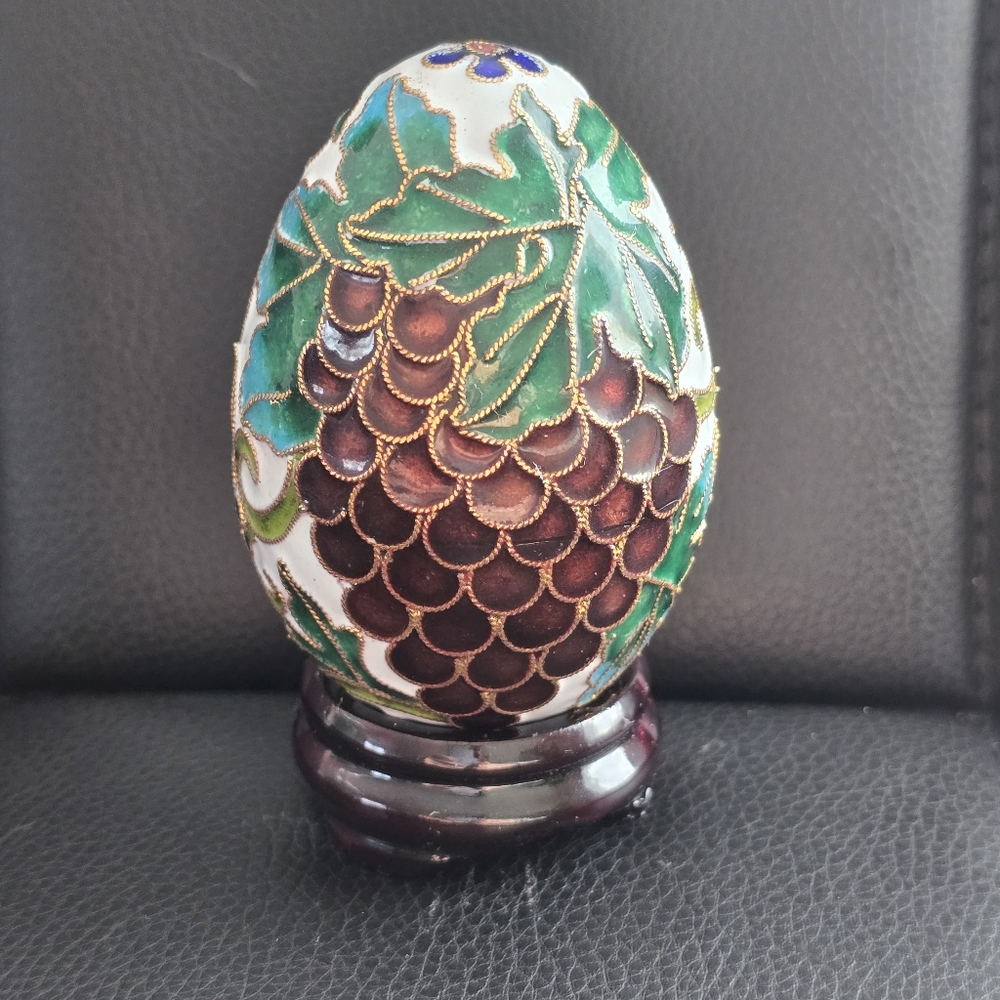 Vintage Cloisonné Enamel Egg with Grape and Leaf Design with Stand